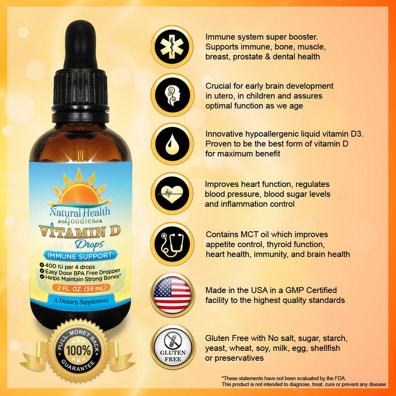 Kids Vitamin D Drops - 2 oz Liquid D3 | Pure Vit D3 Supplement - Supports Immune System & Bone Health - For Toddlers, Children, & Adults - Easy-Dose Dropper