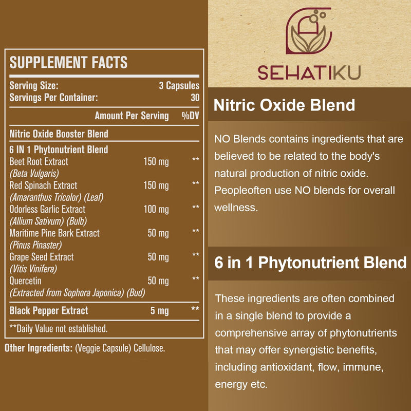 SehatiKu Nitric Oxide Supplement - for Heart, Flow, Immune - 90 Capsules | Nitric Oxide Booster & 6-in-1 Phytonutrient Blend - 2 Bottle 90 Count (Pack of 2)
