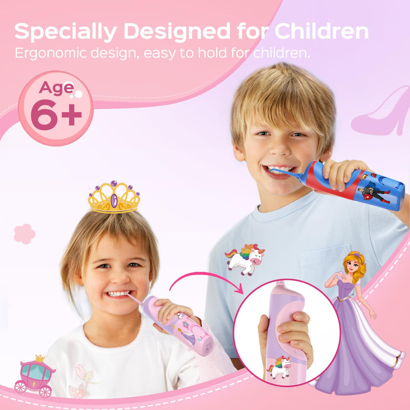 COSLUS C31 Kids Water Dental Flosser Deep Cleaning Picks Portable 4 Modes for Ages 6+ Safe Waterproof Rechargeable with 2 Jet Tips for Gums Care Pink Purple