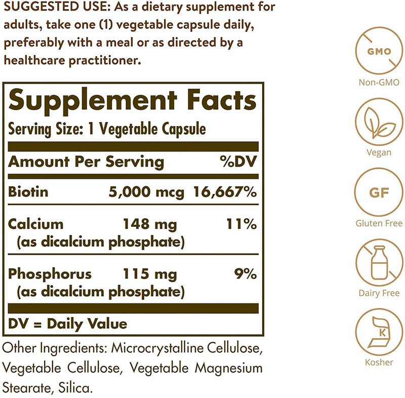 Solgar Biotin 5000 mcg- Supports Healthy Skin, Nails & Hair- 180 Count | Supports Energy Production & Metabolism - Vitaim B - Non-GMO, Vegan, Gluten Free 180 Count (Pack of 1)