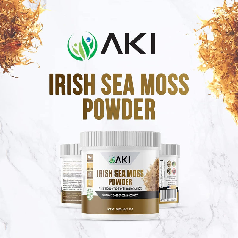 AKI Irish Sea Moss Powder - Rich in 92 Essential Minerals & Vitamins, Including Iodine, Potassium & Magnesium - Ideal for Smoothies & Juices - 100% Vegan, Non-GMO & Supports Wellness (6 Oz/170g)