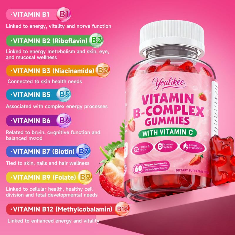 Vitamin B-Complex Gummies for Women & Men, Strawberry Flavor, 60 Count | Methyl B12, B1, B2, B3, B5, B6, B7 & B9 - Vitamin B Complex with Vitamin C for Energy, Brain & Immune Support 60 Count (Pack of 1)