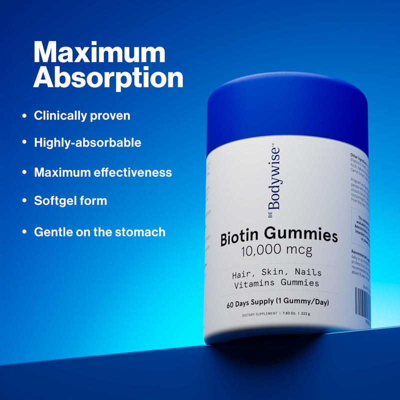 Be Bodywise Biotin 10000mcg Gummies | Hair Nail and Skin Vitamins | Biotin for Hair Growth for Women | Refined Sugar Free | 60 Day Pack (1 Gummy/Day) | Max Absorption Unflavored