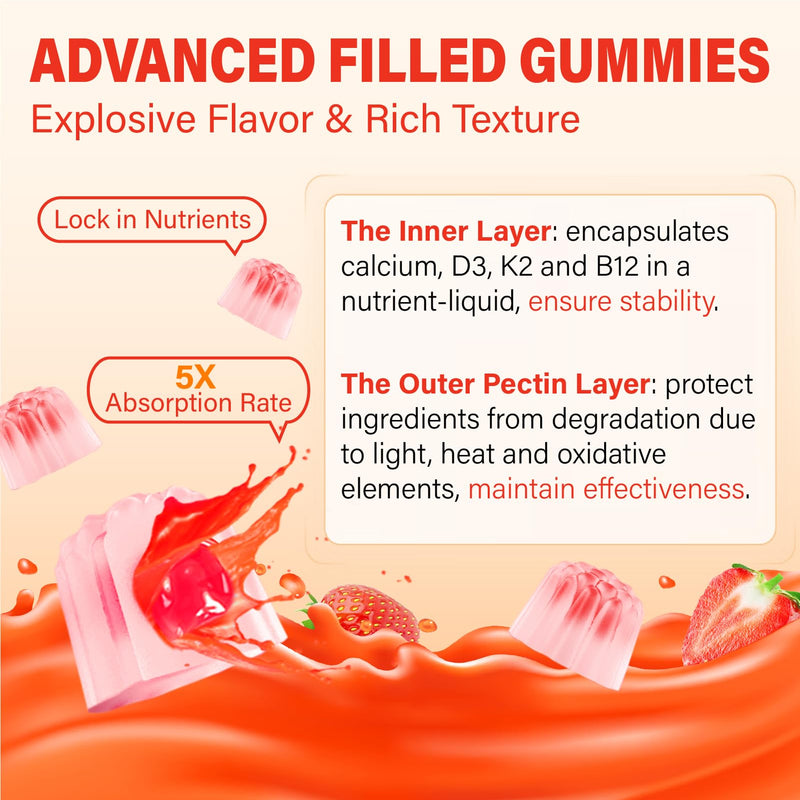 Calcium 1200 mg with Vitamin D3 Supplement for Adults - Calcium Gummies | Vitamin D3 5000IU, K2, B12 - Extra Absorption Calcium Citrate for Women Men - Natural Strawberry Flavor, 60 Gummies 60 Count (Pack of 1)
