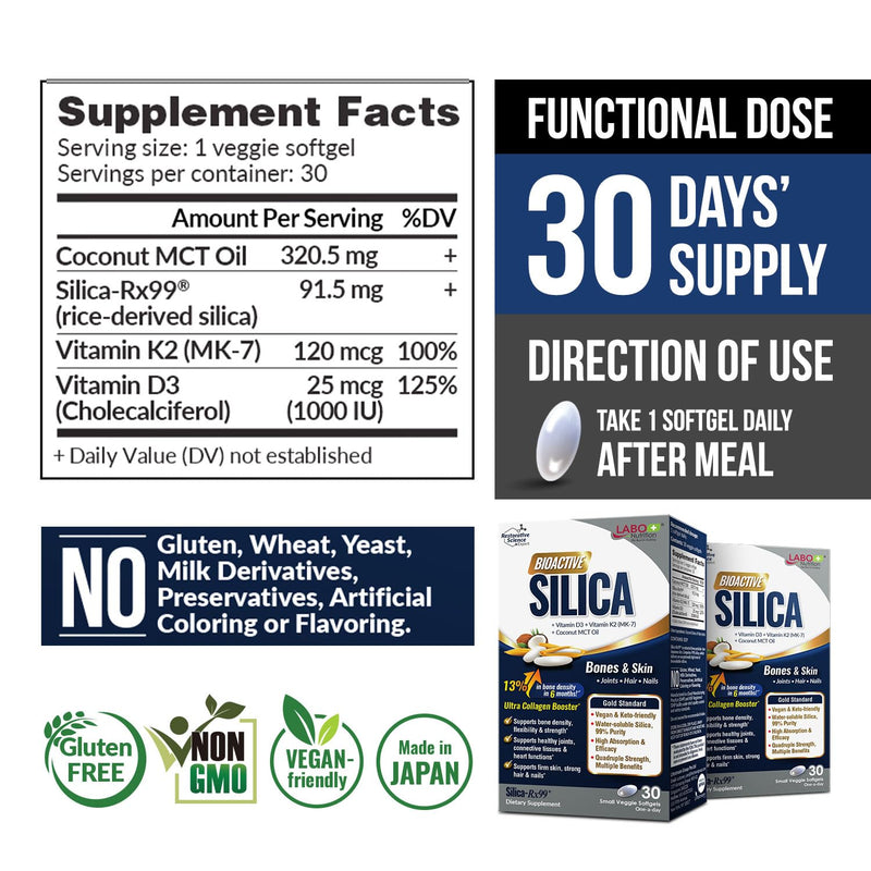 LABO Nutrition Bioactive Silica - Bone, Joints & Collagen Support, 30s | Vegan rice-derived silica-rx99, with vitamin D3 & K2, supports bone density & joint flexibility, 30 days' supply 1