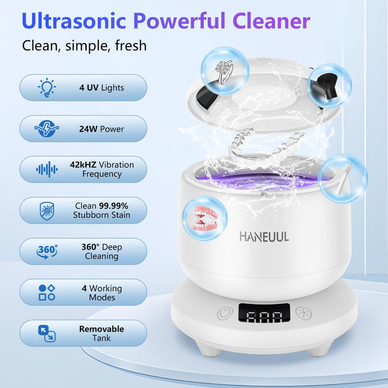 2025 Ultrasonic Retainer Cleaner for Dentures & Aligner, Durable Removable Base and Top Cover, Denture Cleaner Machine with 4 Modes for Mouth Guards, Jewelry, Rings, etc (White) Milky White