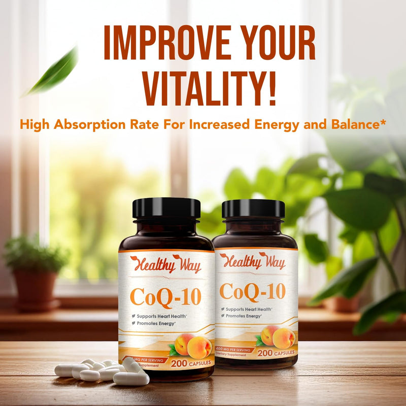 Coenzyme Q10 400mg CoQ10 Supplement - Once Daily Coq 10 400mg Powder Capsules for Healthy Heart Antioxidant and Energy Support - Non-GMO Quick Absorption Ubiquinone Q10 Coenzyme (200 Servings) 200 Count (Pack of 2)