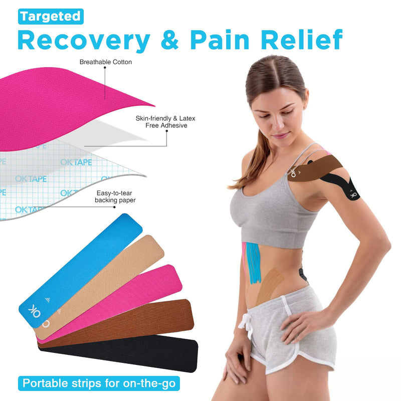 OK TAPE 100Pcs Precut Kinesiology Tape Strips, Elastic Athletic Tape for Joints Support & Muscle Pain Relief, Waterproof, Kinetic Tape for Shoulder, Knee, Ankle (5 Colors, 2 inch x 10 inch) Mixed 100 Pcs