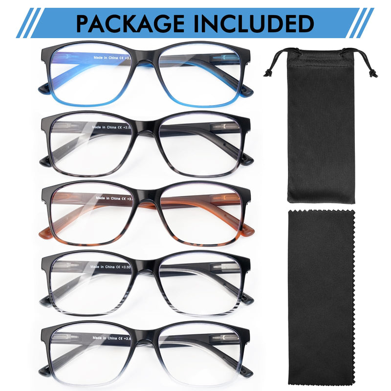5 Pack Blue Light Blocking Reading Glasses for Men with Spring Hinge Fashion Large Wide Computer Readers for Men 5 Pack Mix Color 2.0 x