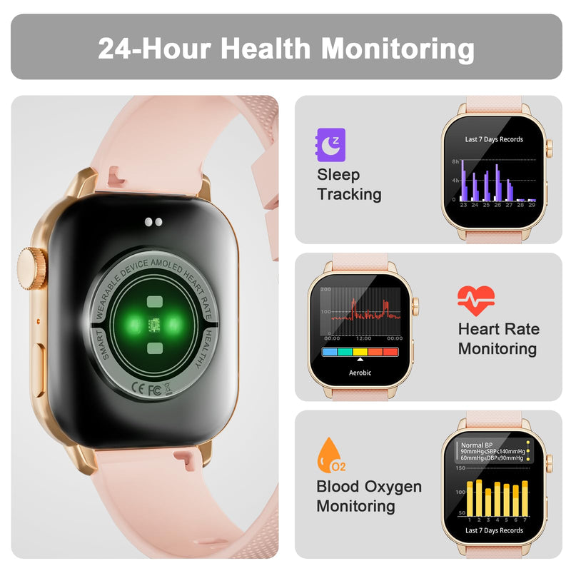 MFVLP Smart Watch for Men Women, 1.85'' AMOLED HD Fitness Watch with 120+ Sports Modes, Bluetooth Call/Heart Rate/Sleep Monitor/Pedometer, Smartwatch for Android iOS, IP68 Waterproof, Gold Deep Pink Gold