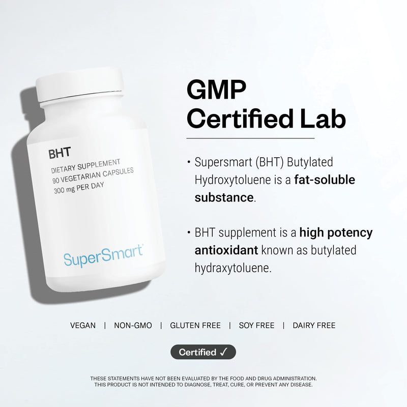 Supersmart - BHT Supplement 300mg per Day - Butylated Hydroxytoluene | Non-GMO & Gluten Free - 90 Vegetarian Capsules
