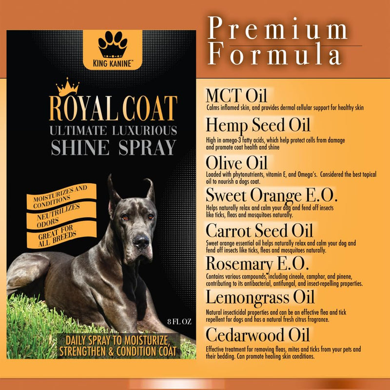 King Kanine Coat Shine Dog Spray - Royal Coat Dog Spray Deodorizer Perfume - Premium Moisturizing Coat and Shine Spray - Promotes Soft Healthy Skin - 8oz - PawsPlanet Australia