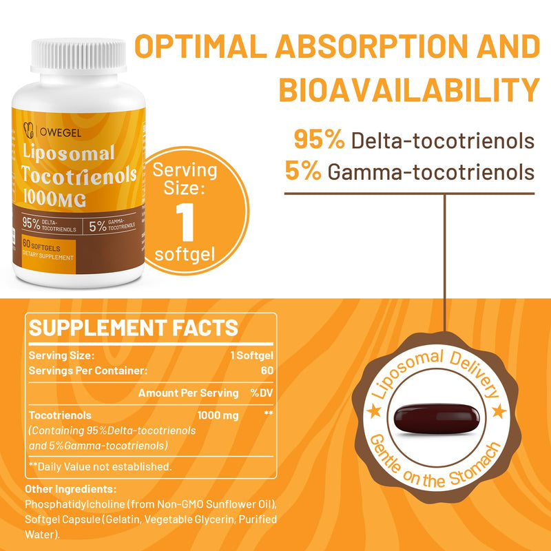 Liposomal Vitamin E Tocotrienols 1000mg - High Potency Tocotrienol Supplements,95% Delta & 5% Gamma Tocotrienols Capsules 60 Count (Pack of 1)