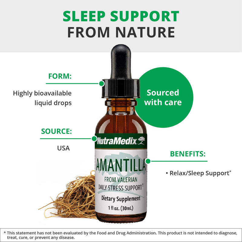 NutraMedix Amantilla Tincture - Valerian Root Extract for Stress Support - Promote Overall Sense of Calm with Valerian Root - Vegan Supplement for Enhanced Slumber (1oz / 30ml) - BeesActive Australia