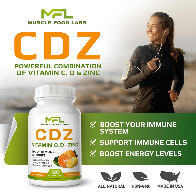 CDZ - Immune Support Complex | Vitamin C 1000mg, D3 125mcg, Zinc 25mg | High-Absorption Veggie Capsules | Non-GMO, Gluten-Free | 4-Month Supply (120 Capsules)