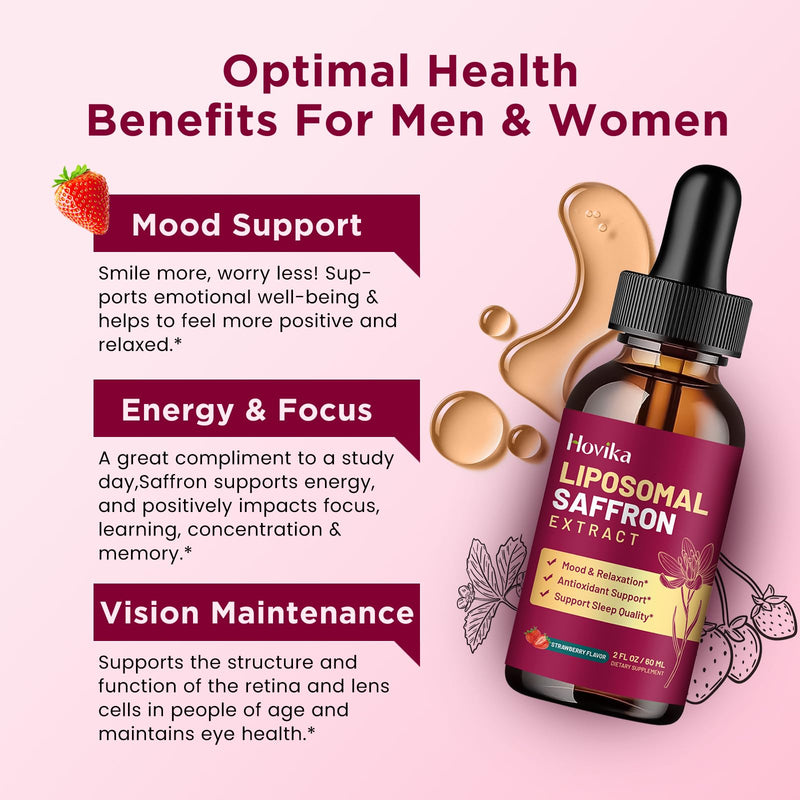 2 Pack Liposomal Saffron Supplements - 88.5mg Saffron Extract Liquid Drops with L-Theanine, Chamomile, Vitamin C, B6, B12 & D3 for Antioxidant, Immune, Mood, Energy, Focus & Sleep - Strawberry Flavor 2 Fl Oz (Pack of 2)