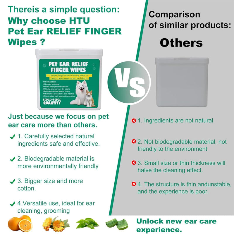 100 XL Dog Ear Cleaning Finger Wipes - Larger & thicker 1.77" Natural Coconut Oil & Aloe Dog Ear Wipes | Gently Removes Wax, Odor, Dirt For Dogs & Cats | Hypoalergenic Biodegradable Dog Ear Cleaner 100 Count