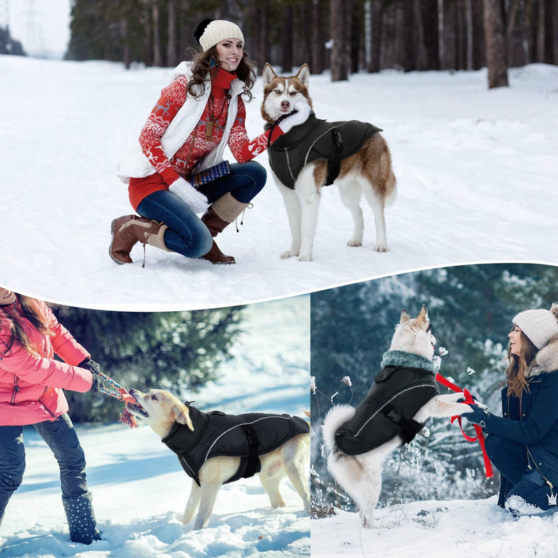DENTRUN Dog Cold Weather Coats Winter Warm Dog Coat Windproof Cozy Dog Jacket Thick Fleece Vest Water Repellent Apparel with Harness/Leash Hole & Reflective for Outdoor Small Medium Large Dogs XX-Large Black - BeesActive Australia