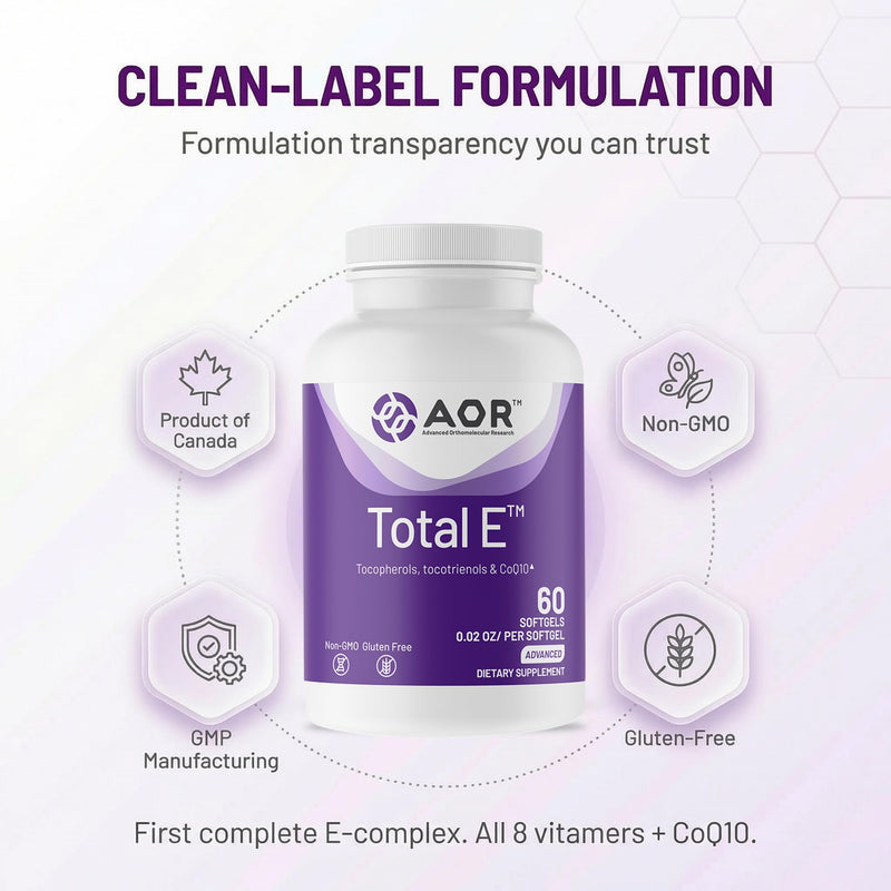 AOR Total E Full Spectrum Natural Vitamin E with CoQ10, 60 Softgels, 60-Day | Full Spectrum 8 Vitamers, 30mg CoQ10, Natural D-Alpha Tocopherol, Mixed Tocopherols & Tocotrienols, Non-GMO & Gluten-Free