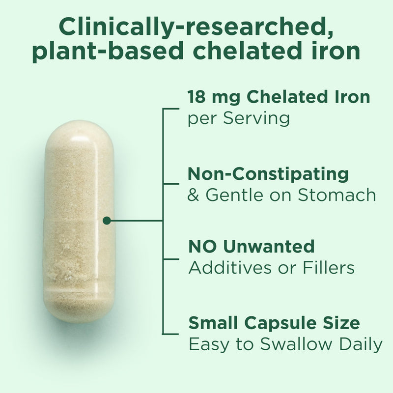 Yuve 100% Vegan Whole Food Chelated Iron Supplement 18mg – Tasteless, Non-Constipating, Gentle on Stomach, Energy Support – Gluten-Free, Non-GMO, 60 Capsules