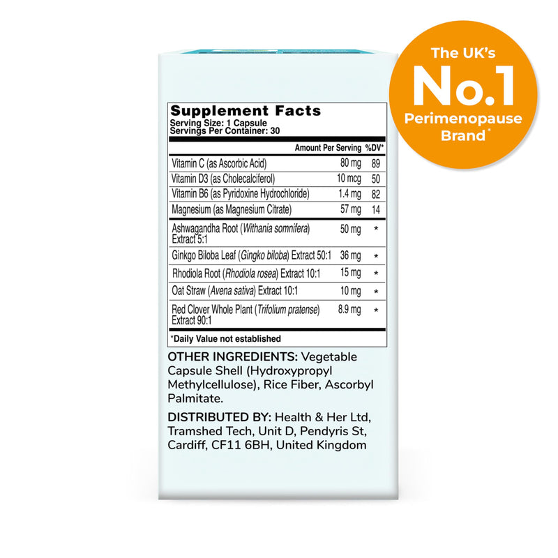 Health & Her Mind+ Perimenopause Dietary Supplement, 30 Day Supply | 4-in-1 daily multivitamin for women during perimenopause, with Ashwagandha & Red Clover; Vegan, gluten-free; 30 capsules