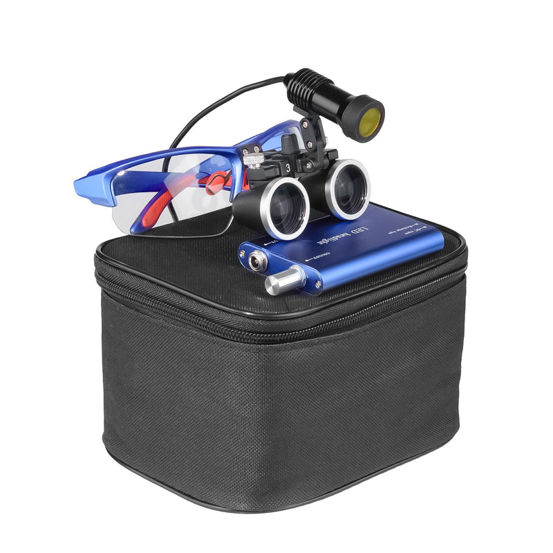 EustomA 3.5X Binocular Loupes Magnifier with 5W LED Clip on Headlight Optical Glass Headlamp with Two Clips Adjustable Cloth Bag DY-409-3.5X (Blue) Blue - BeesActive Australia