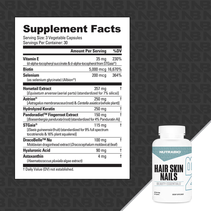 NutraBio Hair Skin Nails Vitamins, 90 Capsules | Enhanced Collagen Support, Skin Hydration, Hair Growth with Biotin, Keratin, Hyaluronic Acid
