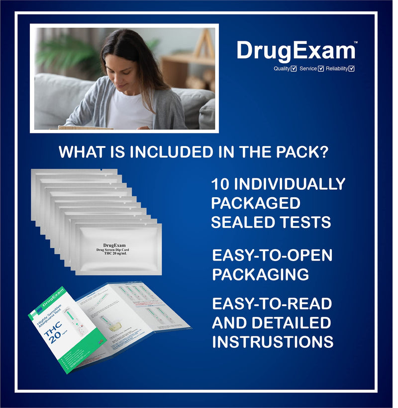 10 Pack - DrugExam Highly Sensitive Marijuana THC 20 ng/mL Single Panel Drug Test Kit - Marijuana Drug Test with 20 ng/mL Cutoff Level for Detecting Any Form of THC in Urine up to 45 Days (10) 10