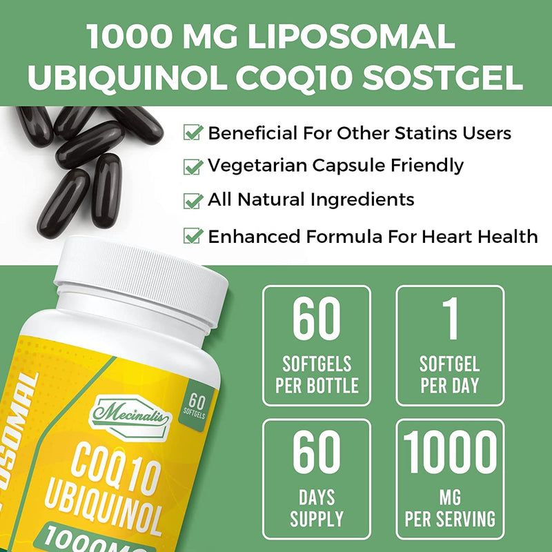 1000mg Liposomal CoQ10 Softgels | Better Absorption CoQ10 Ubiquinol Supplement | Heart Function & Energy Production | Active Antioxidant Form of Vegan Coenzyme Q10 | Non-GMO | 240 Softgels 60 Count (Pack of 4)