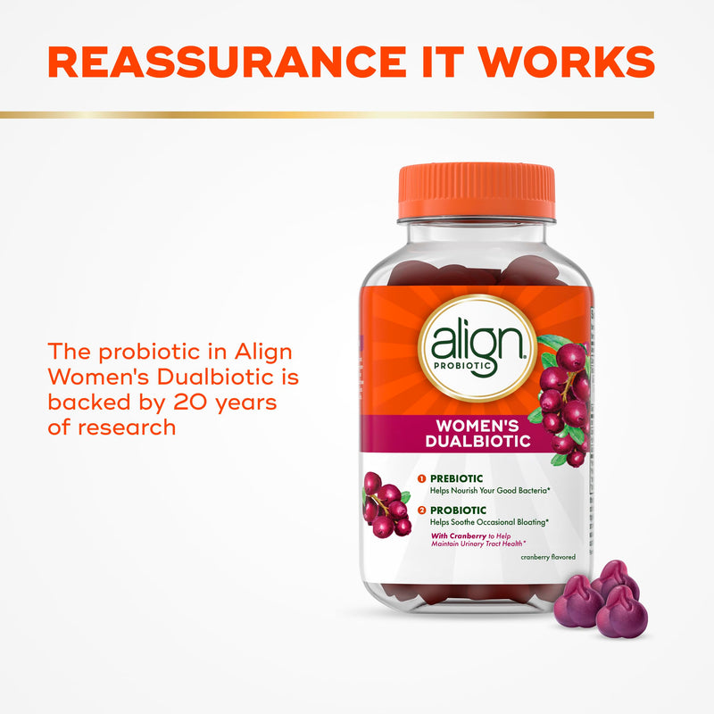 Align Probiotic, Women's Dualbiotic, Womens Probiotic Gummies, Prebiotics and Probiotics for Women, with Cranberry for Urinary Tract Health*, Cranberry Flavor, 90 Gummies 90 Count (Pack of 1)