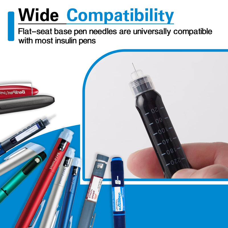 32G 4mm (5/32") Insulin Pen Needles, Flat-seat Base for Comfort,100 Count Diabetic Needles for Injections, Universal Fit, Compatible with Most Pen Injector Device, Sterile