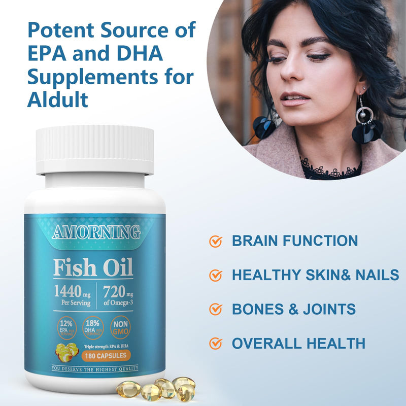 Fish-Oil Omega3-Fatty Acids-Supplement Small-Softgels - 180Count 1440mg for Healthy Heart Brain Eyes Support High EPA DHA Easy to Swallow