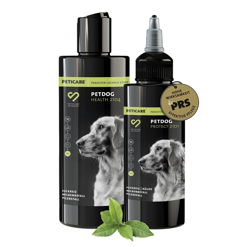 Peticare Anti-Parasite Set for Dogs | against mites, fleas, fungi | Effectively relieves itching & supports the regeneration process Care lotion 100 ml & dog shampoo 250 ml – petDog Set 2135