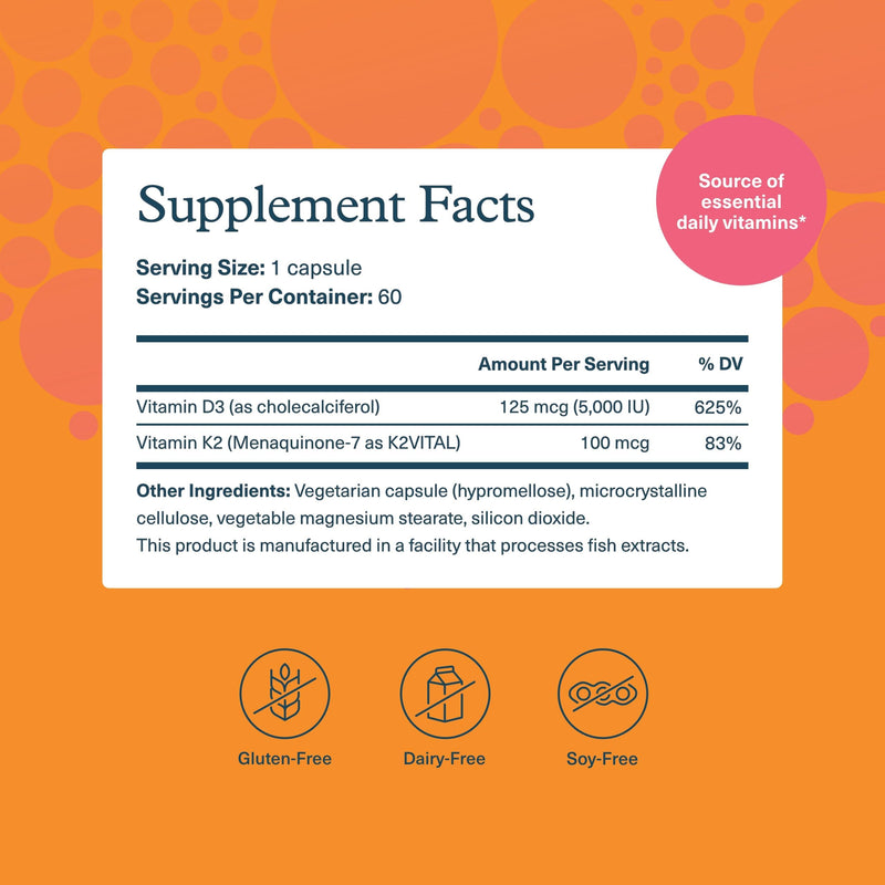 Youtheory K2D3, Organic, 60 Vegetarian Capsules, 60-Day Supply | Vitamin D3 and K2 Supplement, Plant-Based Ingredients, Gluten, Dairy, and Soy-Free, Supports Bone, Heart, and Immune Health* 1 Count (Pack of 60)