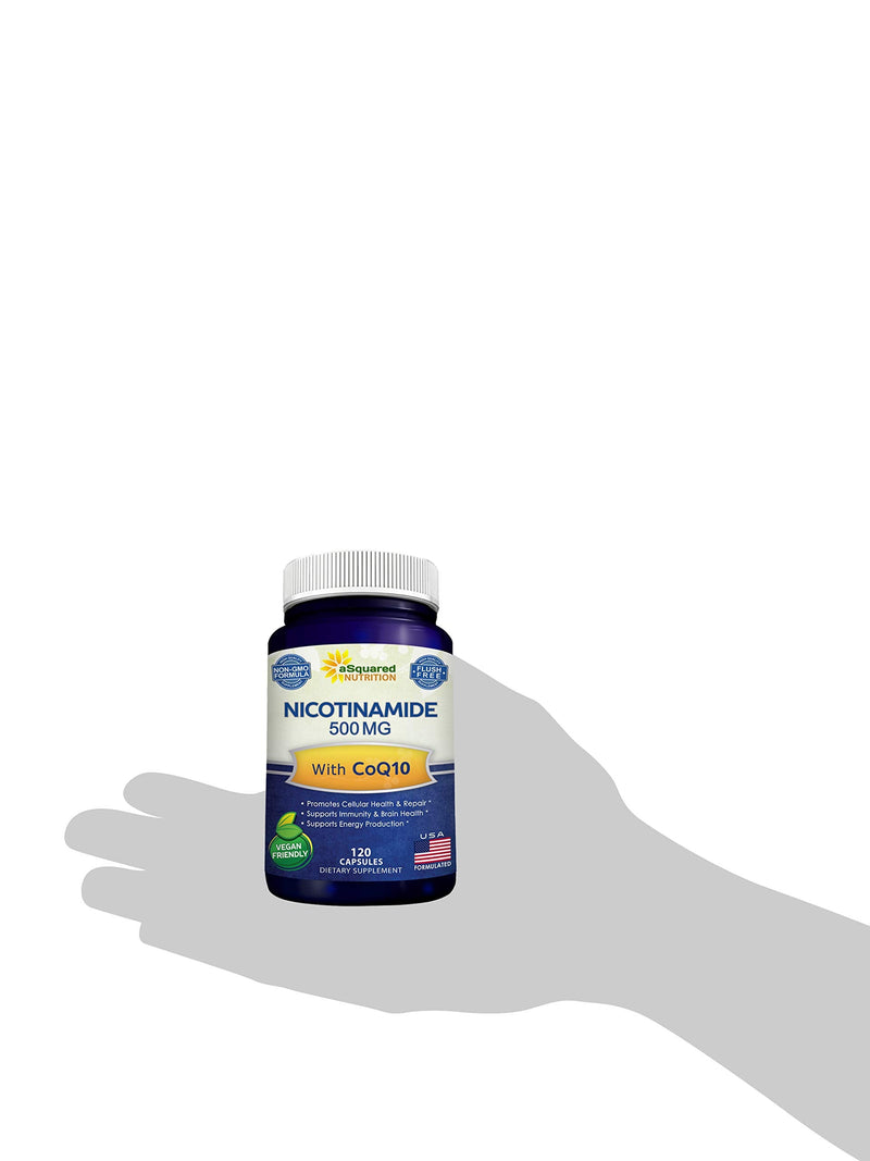 Nicotinamide with CoQ10 (120 Capsules) - Vitamin B3 500mg (Niacinamide Flush Free) - Coenzyme Q10 Powder - VIT B-3 & Coq 10 Supplement Pills to Support Energy, NAD, & Skin Cell Health