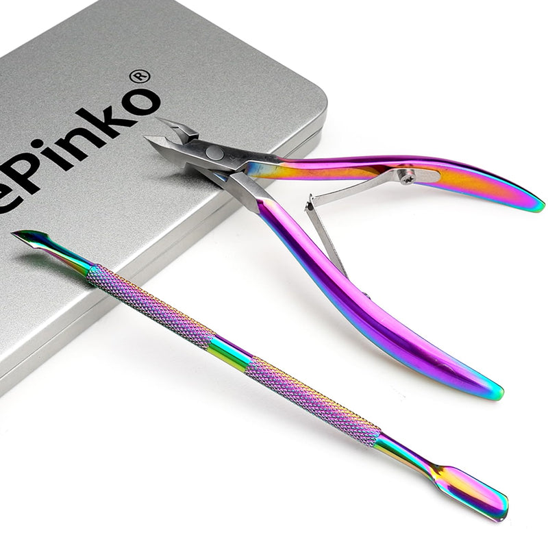 LePinko Professional Cuticle Trimmer with Cuticle Pusher, Super Labor-saving Dead Skin Nippers, Sharp Hangnail Remover for Fingernail Toenail, Pedicure Manicure Nail Care Tool for Women Men, 7mm Jaw Rainbow Color - BeesActive Australia