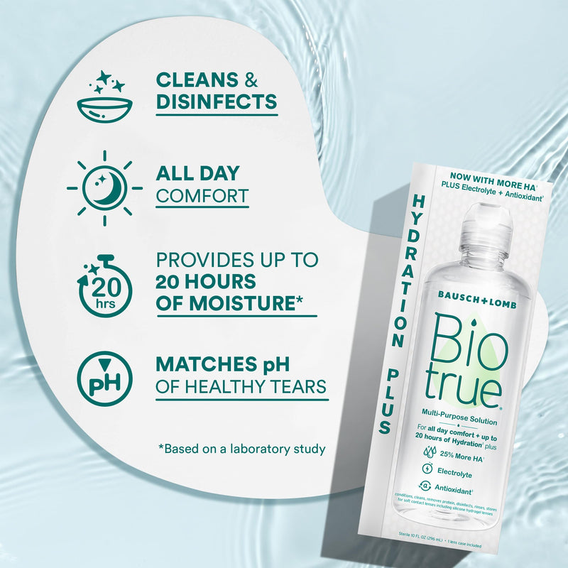 Biotrue Hydration Plus Contact Lens Solution with Lens Case, Multi-Purpose Solution for Soft Lenses, Hydrates with Hyaluronan, Cleans, Clears, and Disinfects for All-Day Comfort, 10 Fl Oz (Pack of 1) 10 Fl Oz (Pack of 1)