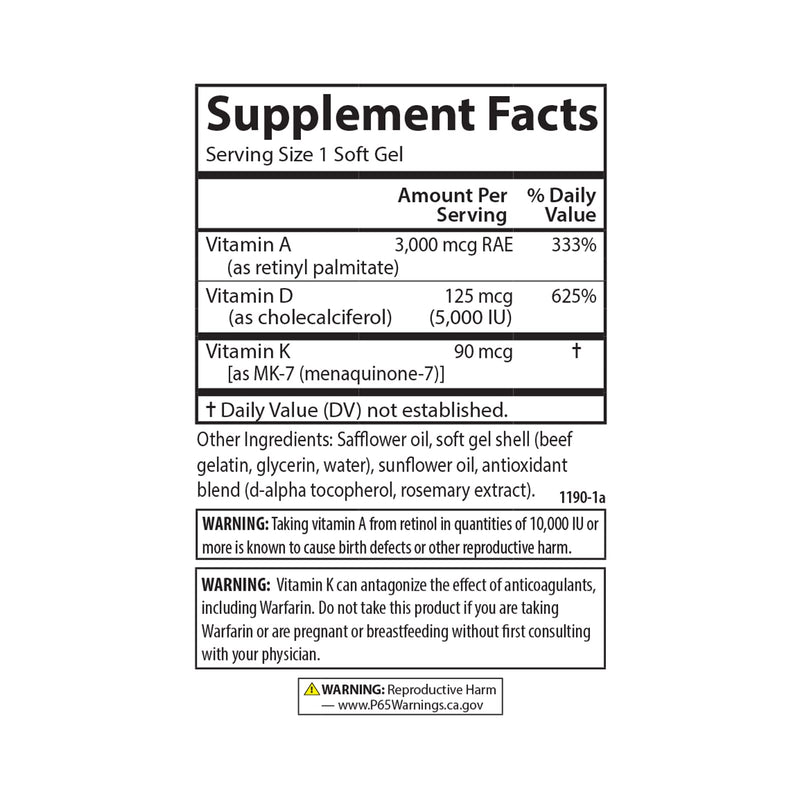 Carlson Vitamins A, D3, K2, 60 Soft Gels | 3000 mcg RAE Vitamin A; 125 mcg Vitamin D3; 90 mcg Vitamin K2 as MK-7; Bone Building; Calcium Utilization 60 Count (Pack of 1)