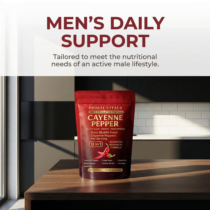 Primal Vitals Cayenne Pepper Softgels - Apex Vitals 12-in-1 Botanical Blend with Grape Seed, Hawthorn, Turmeric, Beetroot, Black Pepper & Vitamin D3 + K2, Wellness & Circulation Support - 240 Softgels