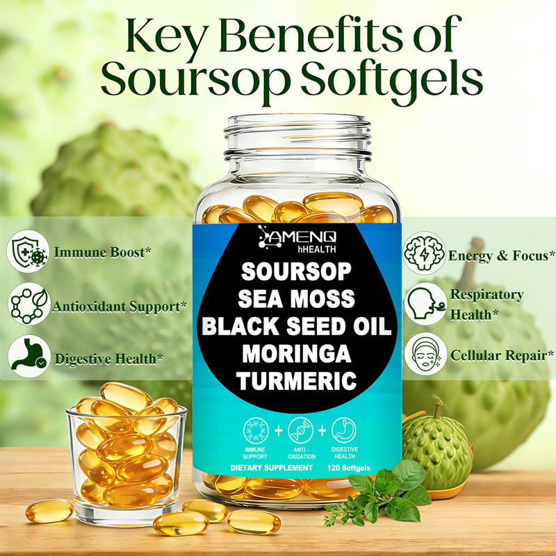Soursop Supplement Softgels with Soursop Leaf, Fruit & Black Seed, 10-in-1 | Extra Strength Sour Sop Herbal Formula w. Irish Sea Moss & Moringa for Immune & Antioxidant Support, Vegan, Non-GMO, 120Count