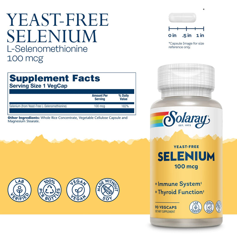 Solaray Yeast Free Selenium 100mcg, Healthy Immune & Thyroid Function Support, Enhanced Absorption, 90 Serv, 90 VegCaps 90 Count (Pack of 1)