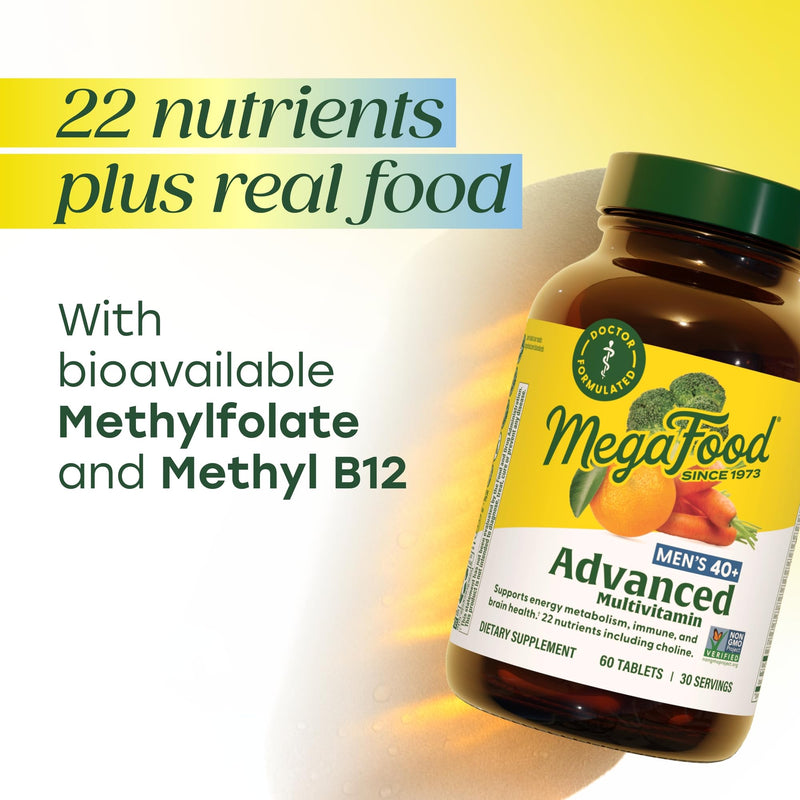 MegaFood Advanced Multivitamin for Men 40+ Doctor Formulated, 60 Tablets | Immune Support, Cellular Energy, Prostate & Brain Health, Choline, Methylfolate Vitamin C, D3, Zinc, Vegetarian, 30 Servings 60 Count (Pack of 1)