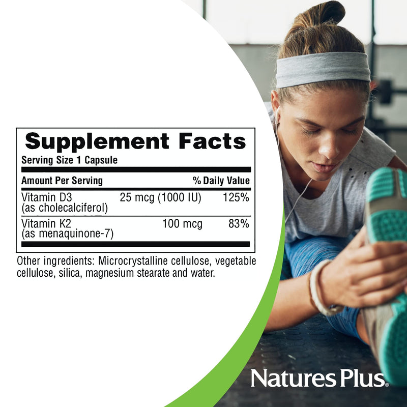 NaturesPlus Vitamins D3 (1000 IU) & K2 (100 mcg) - Vegetarian, Gluten Free - 90 Capsules, 90 Servings
