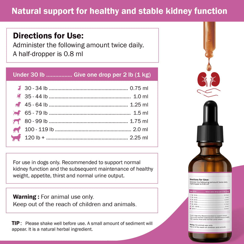 Kidney Support Supplement for Dogs - Supports Kidney Function Health in Dog - Natural Herbal Drops 2 oz - Improve Blood in Urine, Lack of Appetite, Weight Loss, Excessive Drinking, Lethargy, Dull Coat - PawsPlanet Australia