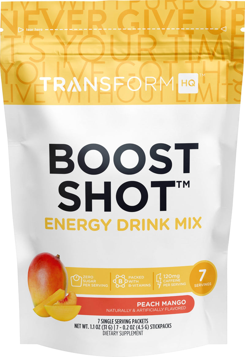 TransformHQ Boost Shot Powder Drink Stick Packets (Peach Mango) 7 Pack | Energy Supplements for Women & Men, with Caffeine, Vitamin B12, B9, B6 & B3 Peach Mango