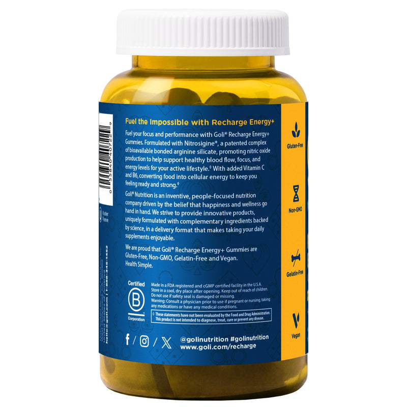 Goli Recharge Energy+ Gummies, Nitrosigine® Bonded Arginine Silicate, Vitamin C & Vitamin B6, 60 Gummies, Vegan, Non-GMO, Gluten-Free, Gelatin-Free
