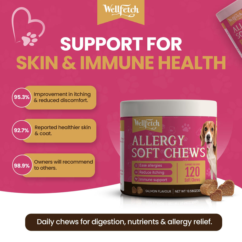 Dog Allergy and anti itch for dogs Soft Chews with Salmon oil, Colostrum & Turmeric for Itching, Skin Health, Anti Itch Natural Grain Free Treats, 120 Chews by wellfetch- Salmon Flavour 1