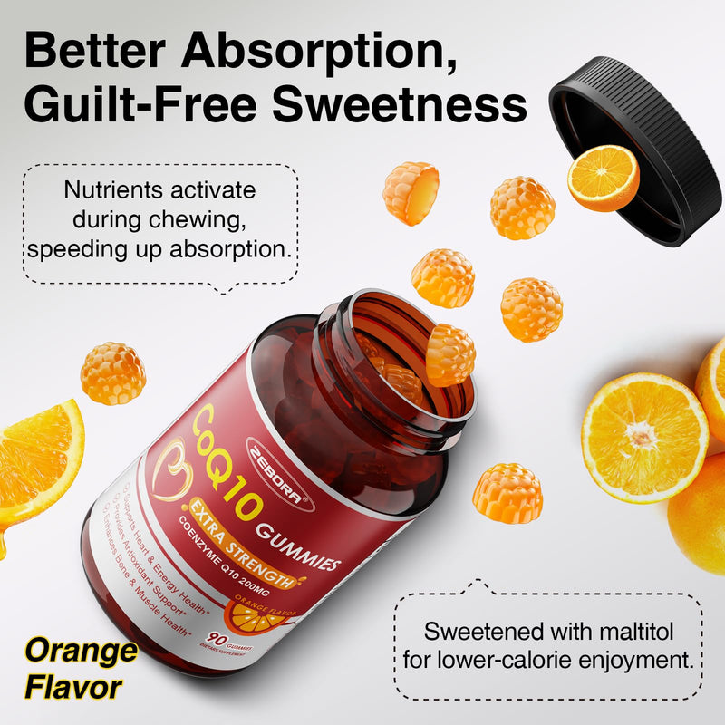 ZEBORA CoQ10 200mg Gummies, Orange Flavor, 90 Gummies | High Absorption Coenzyme Q10, With Omega-3, Heart & Energy Support, Powerful Antioxidant 90 Count (Pack of 1)