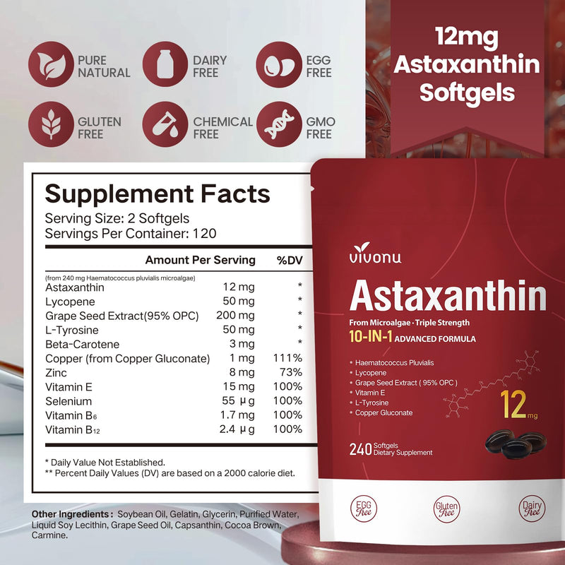 Astaxanthin 12mg, 240 Softgels, Fresh Haematococcus Pluvialis 10 in 1 Astaxanthin Antioxidant Supplements, Contains Lycopene, Grape Seed, Vitamin E, & More Supports Eye, Joints, Skin Health, 1 Bag Red: 1 Bag - BeesActive Australia