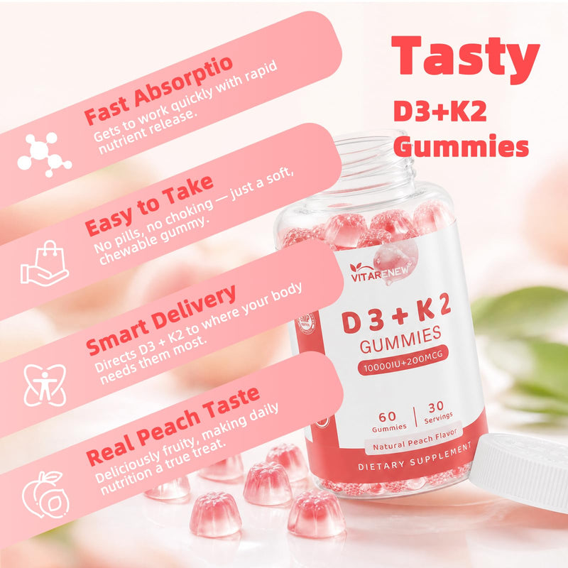 Vitamin D3 & K2 Gummies (2-Pack, 120 Count), Vitamin D3 10000IU, K2 (MK-7) 200mcg, with Zinc, Plant-Sourced K2 from Chickpea – Supports Bone, Heart & Immune Health,Non-GMO, Gluten-Free, Peach Flavor
